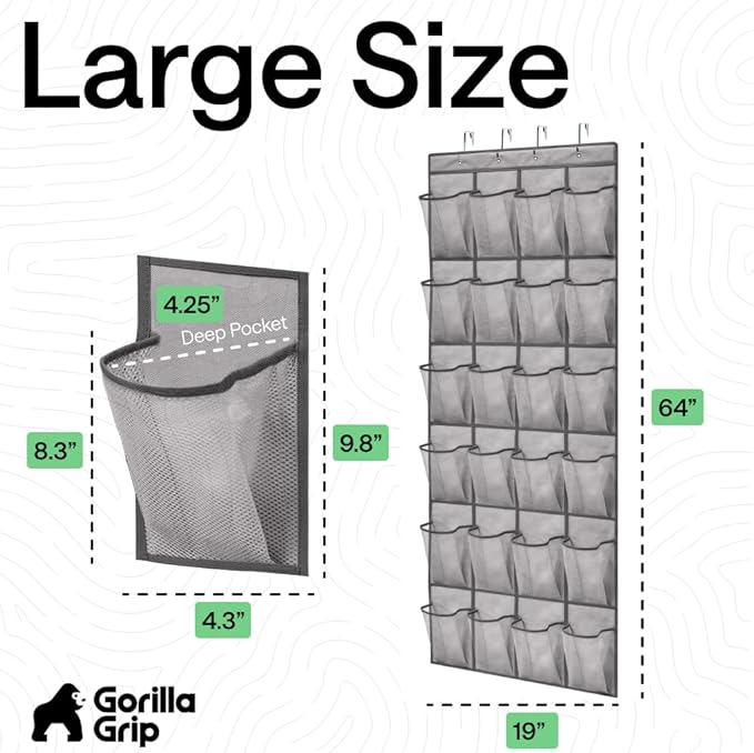 GORILLA GRIP Over the Door Shoe Organizer, 2 Pack, 24 Breathable Mesh Pockets, Space Saving Hanging Storage Holder, Closet Rack Hanger Holds Up to 40 lbs, Hangs on Closets, Shoes, Accessories, Gray