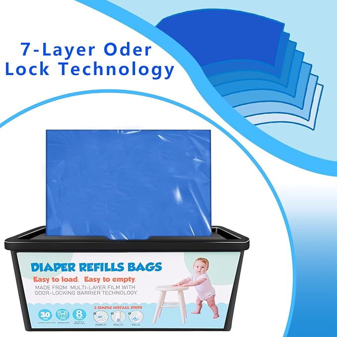 Diaper Pail Refills with 30 Bags Compatible with Genie Easy Roll Signature Diaper Pail and Platinum Diaper Pail, Hold Up to 1400 Newborn-Sized Diapers Per Refill,2 Packs(60Bags)
