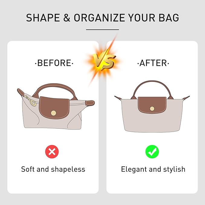 Upgraded Longchamp Mini Organizer Insert, DupontPaper Lightweight Bag Organizer Insert Compatble with Longchamp le pliage Mini Pouch Handbag Inner Shaper (XS,White)