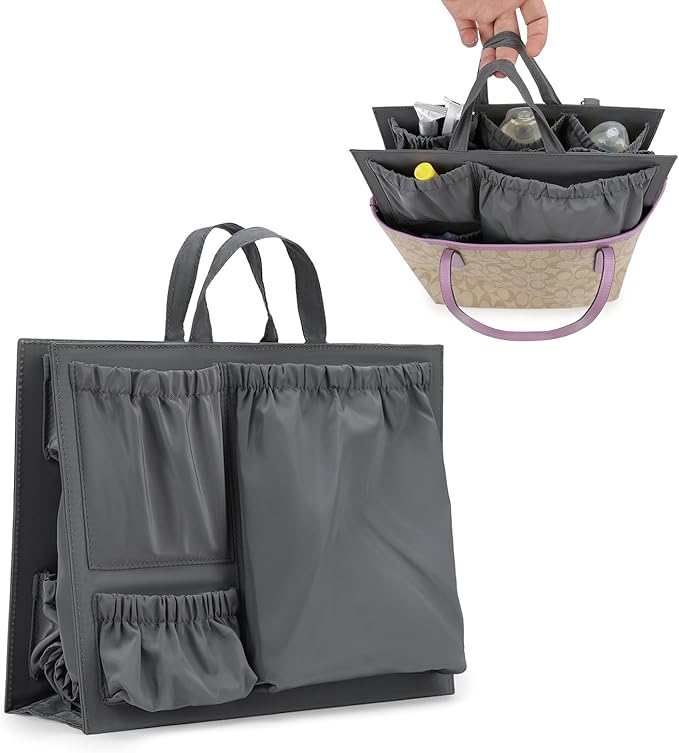 Lmbabter Removable Organizer Insert with Insulated Pocket,Updated Diaper Bag with 11 Total Pockets&Changing Pad, Handbag Tote Bag for Women Mommy Nurse (Dark Grey)