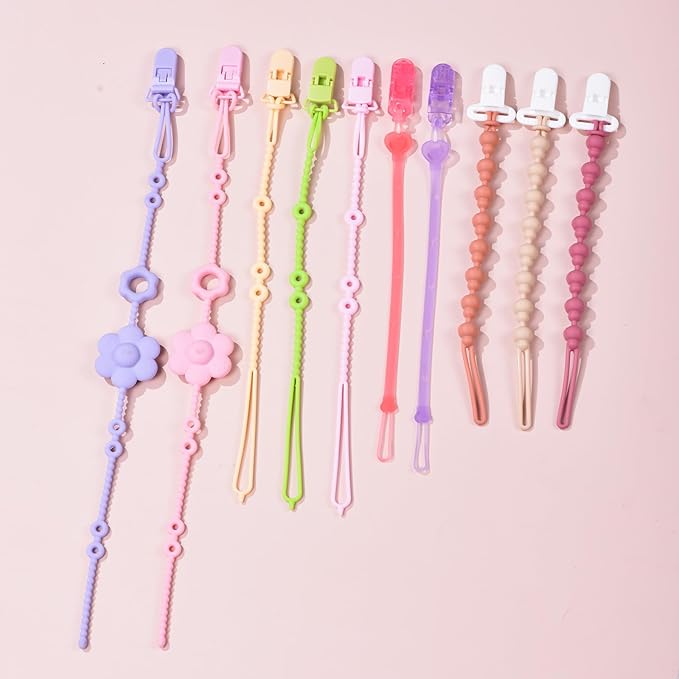 Pacifier Clips & Toy Straps 2-in-1 Combo: 10 Pack with Locking Clips | Extra Long Tethers for Stroller/Car Seat Toys + Short Leashes for Baby Pacifiers & Teethers | BPA Free Silicone (Multicolor 2)
