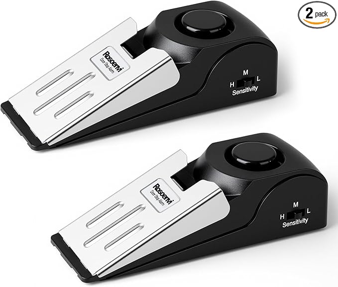 2 Pack Door Stop Alarm, Door Stopper with 120DB Security Alarm, Floor Wedge Door Stop Siren, Door Security Devices for Traveling, Apartment, Hotel and Home, Black