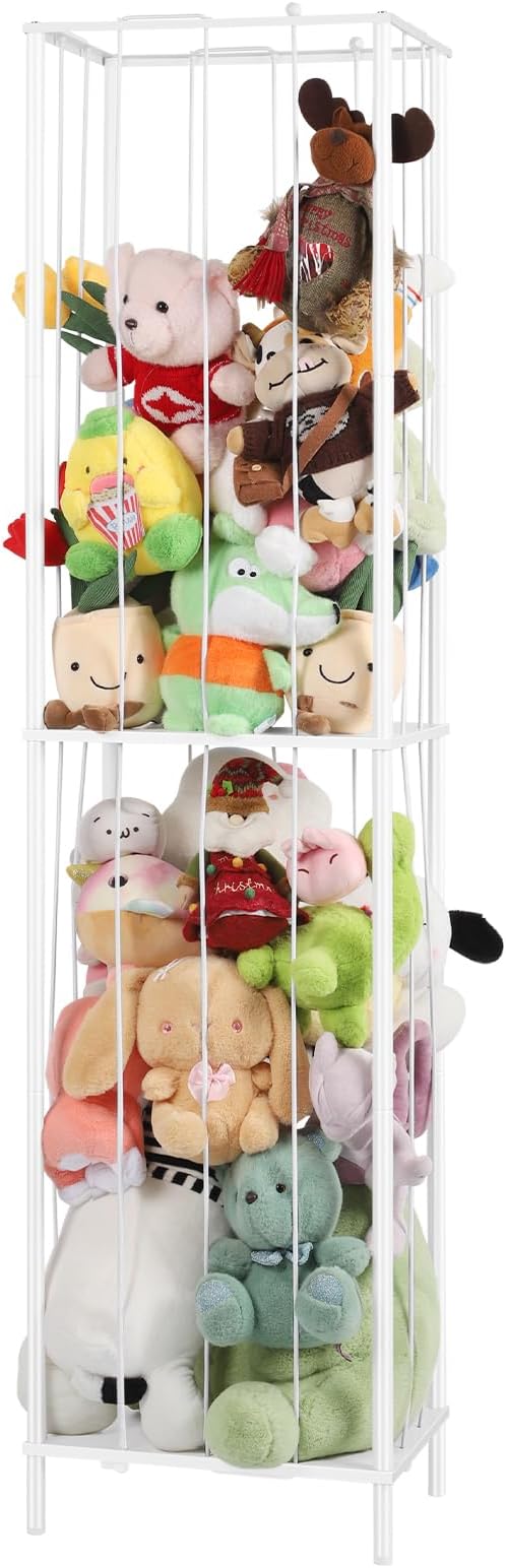 OYEAL Stuffed Animal Storage Holder Metal Toy Storage Organizer, 64'' Stuff Animal Organizer Plushies Storage with Elastic Rope for Playroom Bedroom Kid Room, White