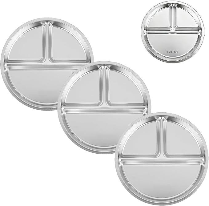 PandaEar 3 Pack Stainless Steel Divided Plates for Kids, 8.1” Portion Control Plates with 3 Compartments, Reusable Metal Dishes for Balanced Meals, Camping & Home Use (3, Silver)