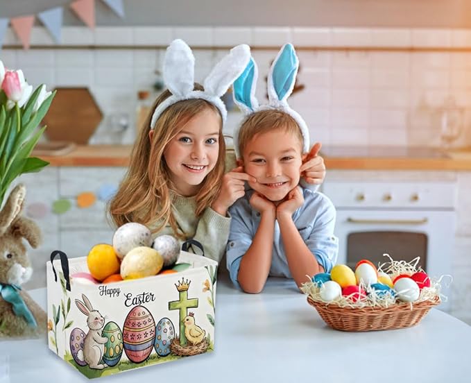 Sanjiaofen Rectangular Easter Baskets, Eggs Basket for Kids.Bunny Basket with Handles.Boys and Girls,Bunny Eggs Decor,Books,（ Easter