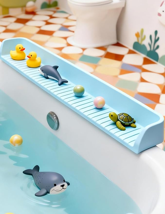 Splash Guard for Bathtub 31.5 Inch Silicone Tub Splash Guard with 11 Suction Cups Foldable Bath Toy Holder & Play Shelf Prevents Water Spills for Standard Tubs (Sky Blue)