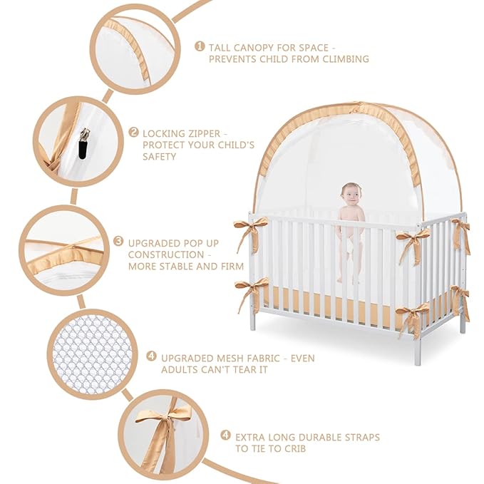 L RUNNZER Pop Up Baby Crib Tent, Safety Tent to Keep Toddler from Climbing Out, Canopy Against Falls and Bites, Netting with Breathable & Soft Mesh, Orange (R07-orange)