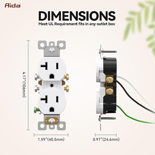 AIDA 20 Amps Outlets Duplex Electrical Receptacle Outlets, Electrical Outlet, 20Amp 125V Heavy-Duty Wall Outlet, Residential, 3-Wire, Self-Grounding, UL Listed, Side Wire (10 Pack, White)