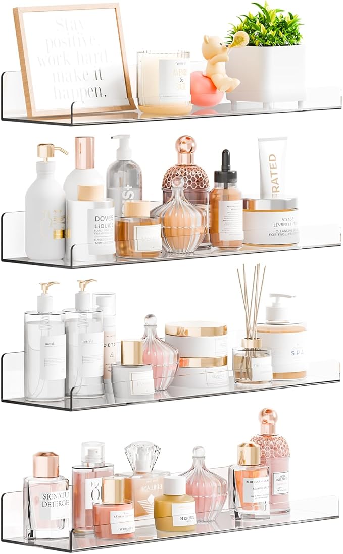 Yieach 4 Pack 15" Acrylic Shelves for Wall,Bathroom,Bedroom - with Adhesive - No Drilling Clear Floating Shelves for Funko Pop,Lego,Action Figures,Nail Polish,Perfume Shelf and Wall Storage & Display