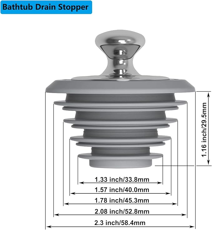 Bathtub Drain Stopper,Tub Stopper,Silicone Bathtub Stopper, Washbasin Drain Plug(Gray,Patented Product)