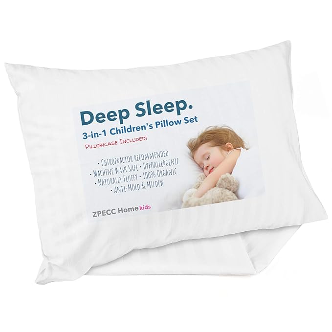 ZPECC Toddler Pillow with Pillowcase - 13x18 Organic Cotton Hypoallergenic Kids Pillow, Baby Essentials for Travel Crib Daycare Stroller (Intended for Age 2 and up) White Stripe