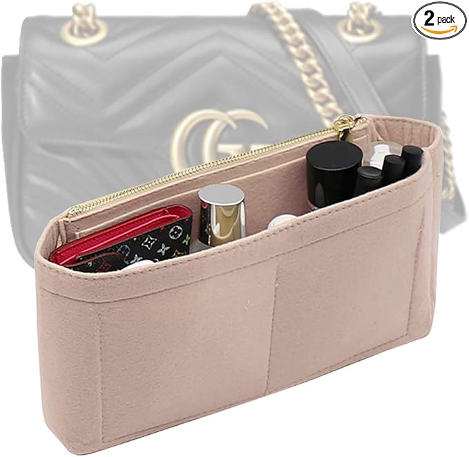 LEXSION Felt Insert Purse Organizer with Zipper,Mini Handbag Tote Shaper Insert for GG Marmont Matelasse Shoulder Bag(Pack of 2)- Buy 1 Get 1 Bag Free X-Small 8030 Beige