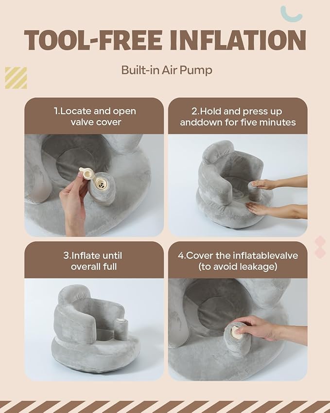 AGITVPS Velvet-Covered Inflatable Baby Seat with Built-in Pump | A Supportive Bumbo Seat for Babies 3-36 Months | Perfect for Learning to Sit, Feeding, Floor Time & Camping (Velvet Pillar-Gray)