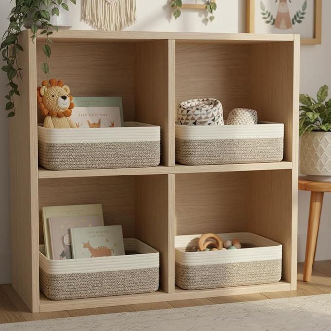 Storage Baskets for Organizing 3 Pack, Woven Baskets for Storage 15"x11"x5.1", Shelf Basket Closet Basket Empty Gift Baskets Woven Storage Bins, White & Mixed Brown