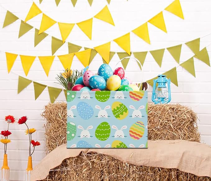 HKEC Rectangle Easter Gift Basket Empty with Handles for Kids,Cute Organizer Toy Bin,Books Basket,Room Decor(Easter Rabbit Basket)