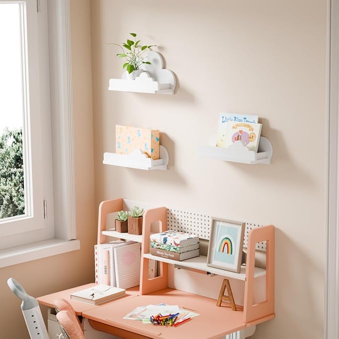 Beskadi Cloud Shelves for Kid’s Room Nursery Wall Deor Set of 3, White Cloud Bookshelf Floating Shelf, Small Figure Shelf Wall Mounted, Cute Decorative Cloud Floating Shelf for Toys, Plants & Storage