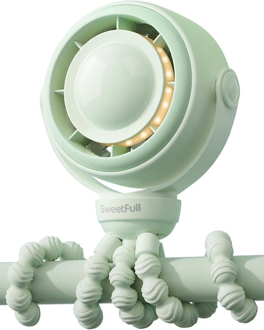 SWEETFULL Baby Stroller Fan - 4000mAh Rechargeable 4-Speed Quiet with LED Display & Night Light, Mini Portable 360° Clip On Safe Fan for Car Seat, Crib, Travel - Green