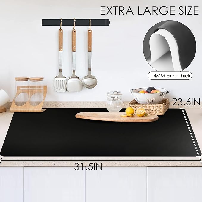 Extra Large Silicone Mat, 31.5x23.6 Inch Heat Resistant Mat for Kitchen Counter, Non Stick Silicone Baking Mat for Dough and Pastry, Thick Silicone placement Countertop Protector, Black countertop mat