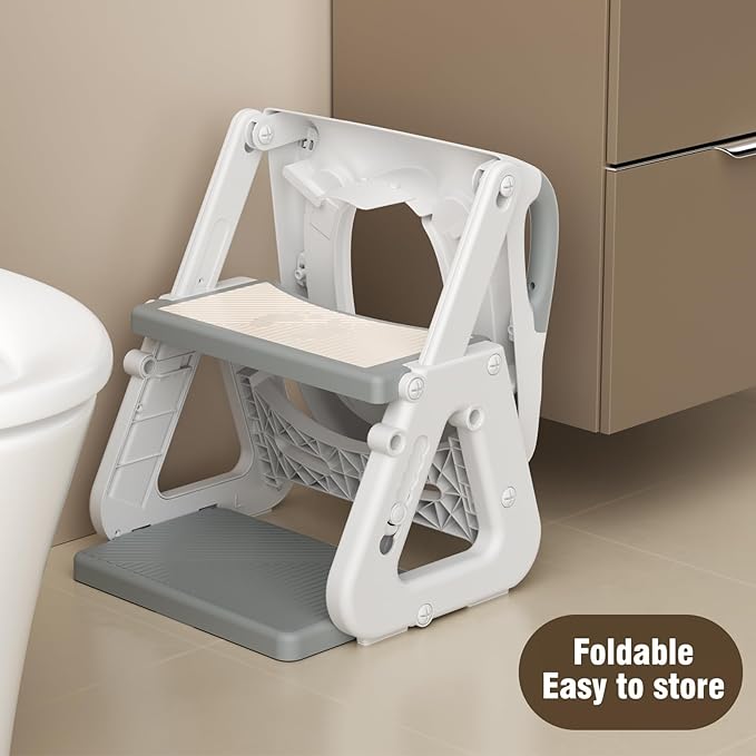 Potty Training Toilet Seat with Step Stool Ladder, Detachable Triangular Stabilized Base 2-IN-1 Toddler Toilet Seat with Splash Guard, Anti-Slip Pad, and Step Stool (Elegant Grey)