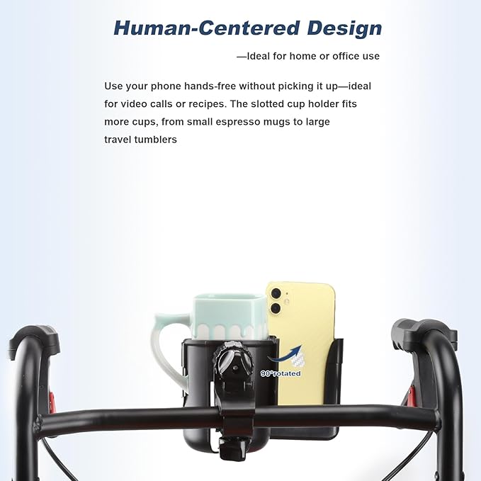 2-in-1 Walker Cup Holder with Reversible Phone Holder，Fit for Wheelchair, Rollator, Scooter, Bike, Mobility, Camper, Stroller with Sturdy,Rotatable,Adjustable and Anti - Slip Clip