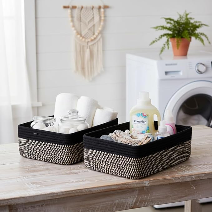 Small Woven Storage Baskets 2 Pack, 15"x11"x5.1" Decorative Storage Basket for Organizing Shelves, Closet, Nursery, Bathroom, Cotton Rope Basket, Black & Mixed Black