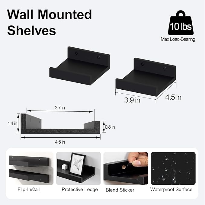 Small Black Floating Shelves for Wall Decor, Wall Mounted Wood Shelf for Bedroom, Living Room, Bathroom, Kitchen, Nursery, Mini Display Ledge Shelf with Lip Set of 2-4 Inches, Black
