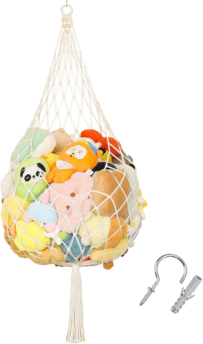Stuffed Animal Storage Hammock Plushie Net 60-inch Stuffed Animal Net Corner for Kids' Wall Room Decor Hanging Toy Storage Plushie Net Organizer Holder Kids Baby Nursery Wall Bedroom Home Decor (L)