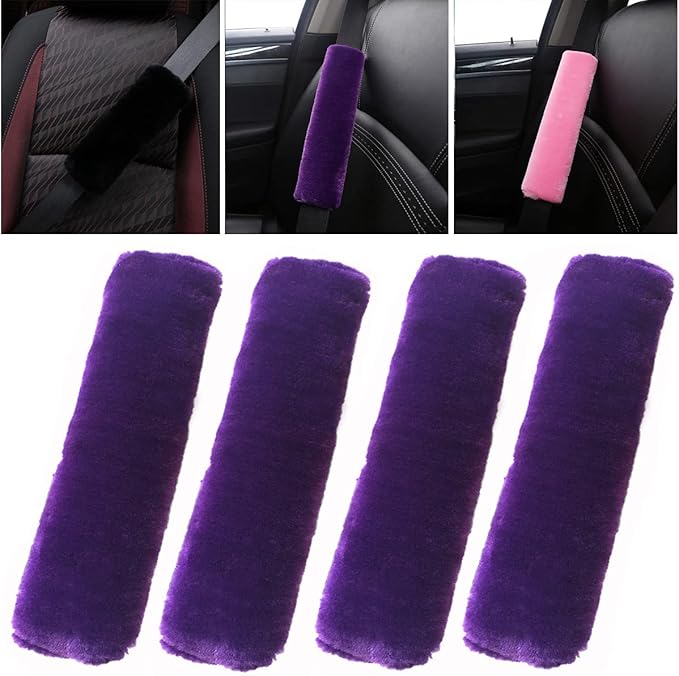 4 Pack Car Seat Belt Pads Shoulder Cover Baby Safety Belt Protector with Adjustable Soft Plush Shoulder Strap Protect Neck and Shoulder (Purple)