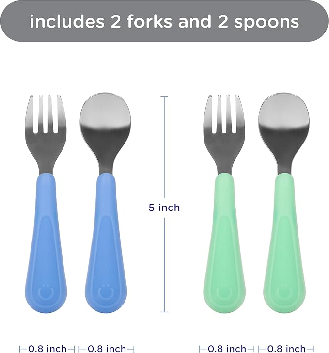 Ubbi Toddler Stainless Steel Fork & Spoon Set, 4-Pack – Silicone Easy-Grip Handles, Kids Self-Feeding Utensils, Baby-Led Weaning Essentials, Dishwasher Safe, Polaris Blue & Sugar Snap Green