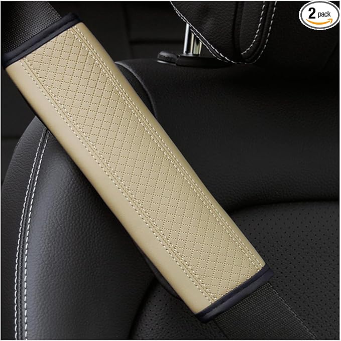 Car Seat Belt Pads, 2 Pack Fiber Leather Seatbelt Shoulder Strap Covers, More Comfort Driving & Protect Your Neck, Universal Safety Strap Cover for Auto SUV Truck Airplane Backpack (Beige)