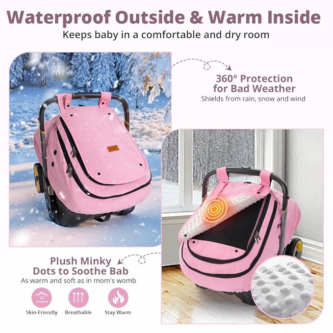 Bioby Waterproof Baby Car Seat Cover, Infant Car Seat Cover for Boy Girl, Roomy Cozy Windproof Sun Protection Baby Carseat Covers Canopy with Breathable Net and Holes, Universal Fitted, Pink