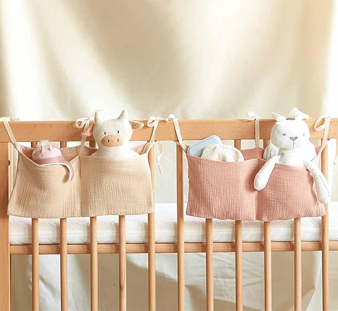 Cotton Baby Bedside Hanging Storage Bag,2 Pockets Organizer for Baby Cribs and Toys (Oatmeal)