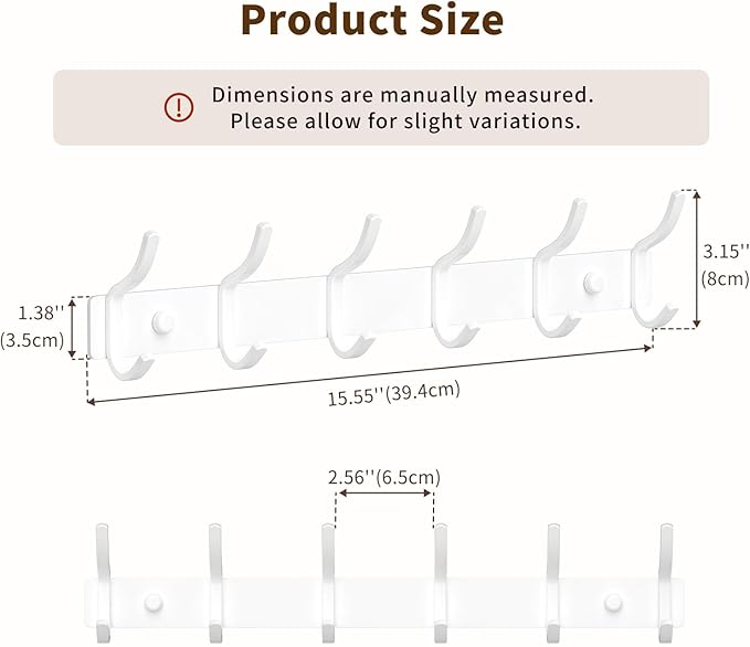 White Wall Mounted Coat Rack - 15 Inch Arc Shaped Design with 6 Hooks for Hanging Coats, Bags, and Towels in Entryway, Livingroom, Bedroom, Bathroom, and Kitchen, 2 Pack