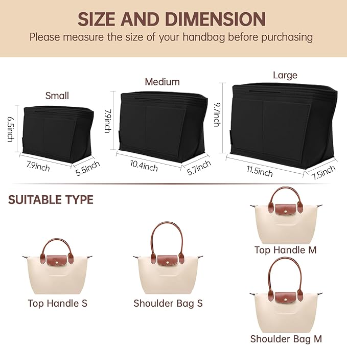 OPPOSHE Purse Organizer Insert for Longchamp Le Pliage, Premium Felt Long Champ Bag Handbag Women, Tote Organizer Insert with 6 Compartments (Small, Black)