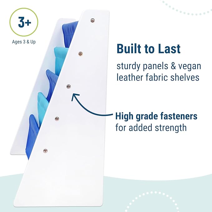 Wildkin Vegan Leather Sling Bookshelf for Kids – Premium Easy Clean Sling Canvas Design with 4 Fabric Shelves, Organizer for Home or Classroom - White w/Multi-Blue