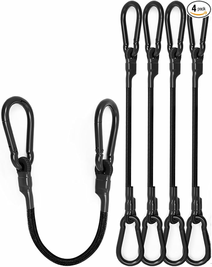 18'' Real Heavy Duty Carabiner Bungee Cords Outdoor with 190 Lbs Max Break Strength, Black Bungee Straps with Upgraded Carabiner Hooks for Luggage Rack, Cargo, Hand Carts, Bike, Camping, etc (4 Pcs)