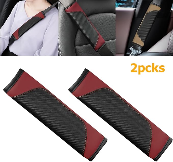 2PCS Car Seat Belt Cover, Carbon Fiber Seatbelt Shoulder Protection, Soft Car Seat Belt Strap Cushion Protect Your Neck and Shoulder, Car Accessories Seat Belt Pad for Car Truck (Wine Red)