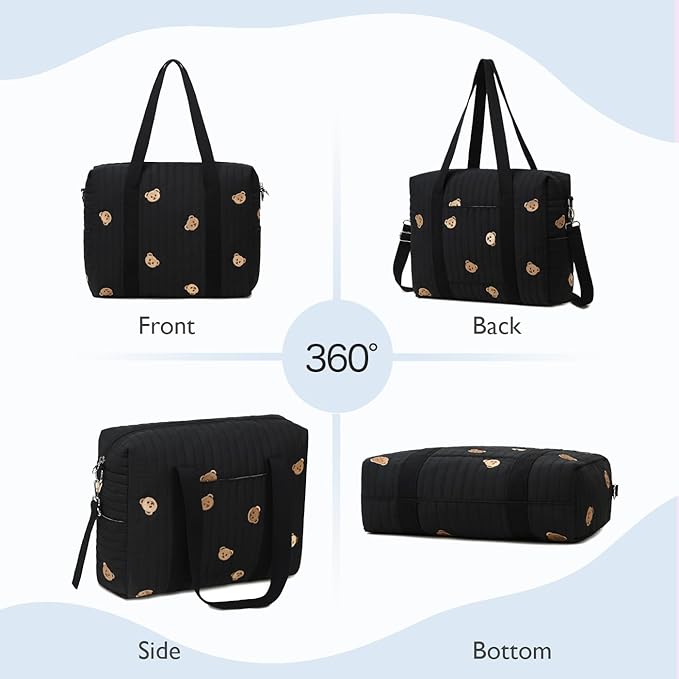 Diaper Bag Tote with Insulated Pockets and Stroller Hooks for Travel (Black-gold, Large)