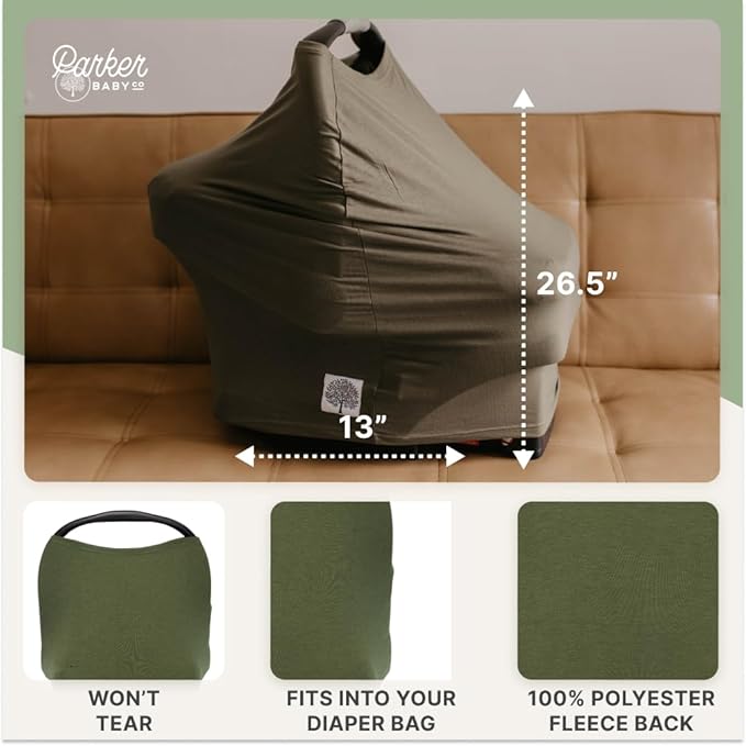 Parker Baby 4 in 1 Car Seat Cover for Girls and Boys - Stretchy Carseat Canopy, Nursing Cover, Grocery Cart Cover, High Chair Cover - “Pine”
