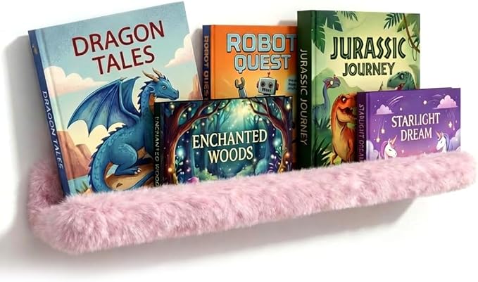 1PC Plush Bookshelf for Kids, Soft Hanging Book Display Shelf for Nursery Wall, Easy Mount Floating Bookshelf Display Organizer, Unique (Pink)