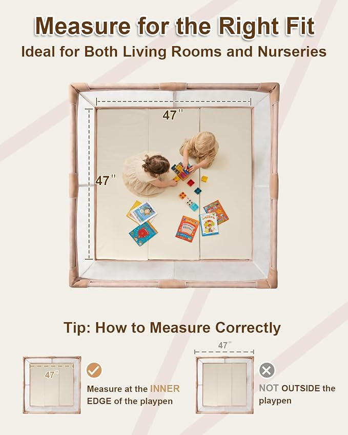 SEPARO Thick Trifold Baby Play Mat,Soft Vegan Leather 47x47 Play Mat for Playpen,Foldable Tummy Time Foam Floor Mats,Waterproof & Wipe-Clean for Toddler,Kids & Infants Playroom,Beige