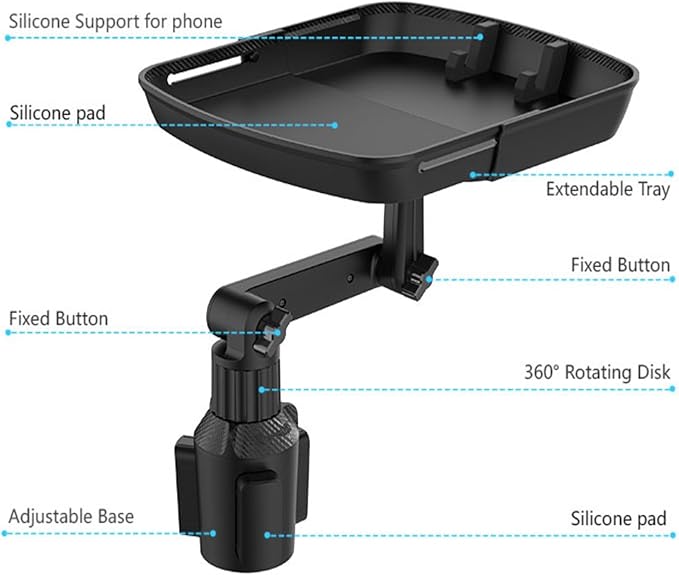 Kelofam Larger Cup Holder Tray, 10 inch Car Food Tray for Eating, Detachable 3 in 1 Car Cup Holder Expander and 360° Rotating Car Cup Holder Tray Table with Phone Holder, Road Trip Essentials