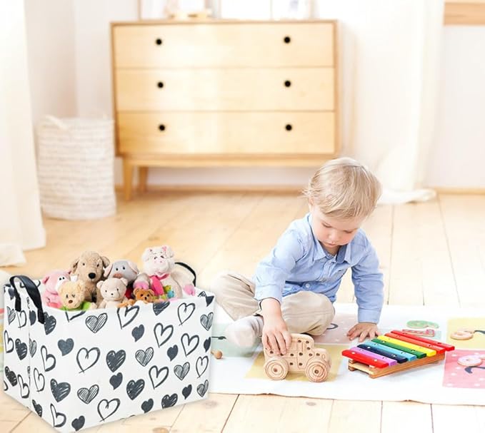 Sanjiaofen Rectangular Kids Baskets,Heart Storage Bins Organizer.Cute Storage Bin with Handles. Kids Basket,Girls Room Decor,Books Basket, Gifts Bins Empty.(Black Heart)