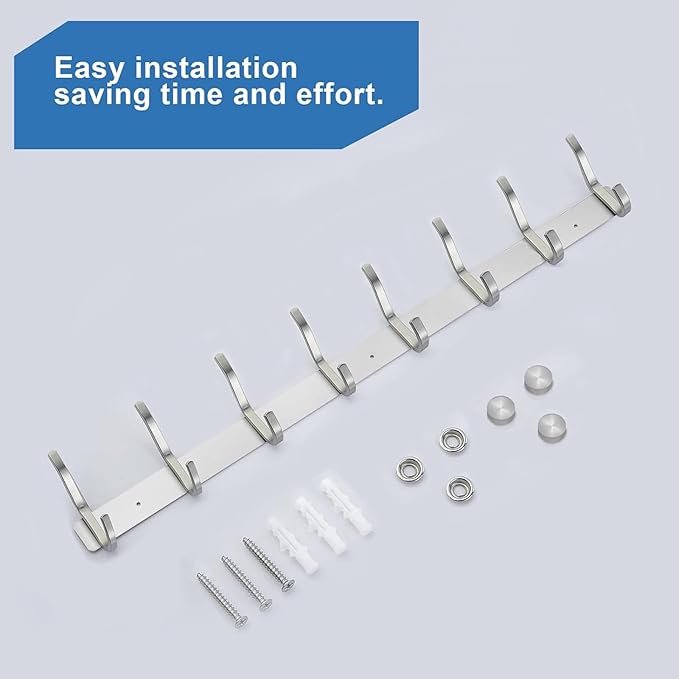 HAMUTH Wall Hooks Heavy Duty, 23 Inch Coat Rack Wall Mount with 8 Hooks, Silver Wall Hooks for Hanging Backpack, Bag, Purse, Clothes, Hat, Coat, Towel | Entryway & Bathroom Storage Organization Hanger
