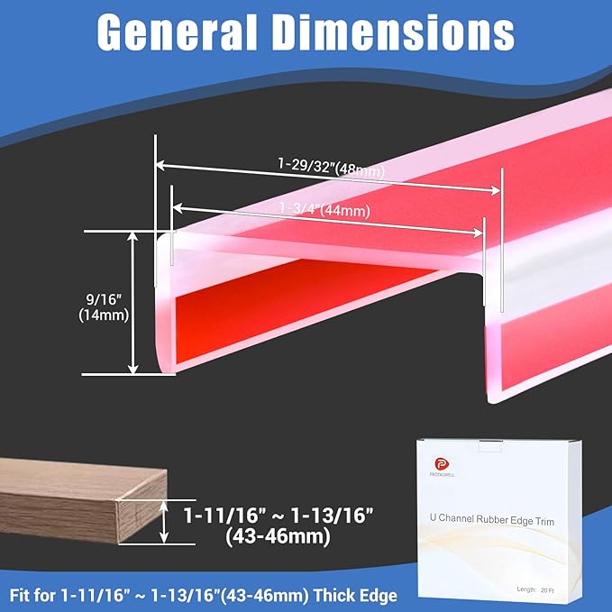 Rubber Edge Trim, Self-Adhesive U Channel Edge Trim, Edge Protector for Plywood and Wood, Peel and Stick U Shaped Edge Banding, Silicone Rubber Material, Clear Color, Fit 1-3/4"(44mm)
