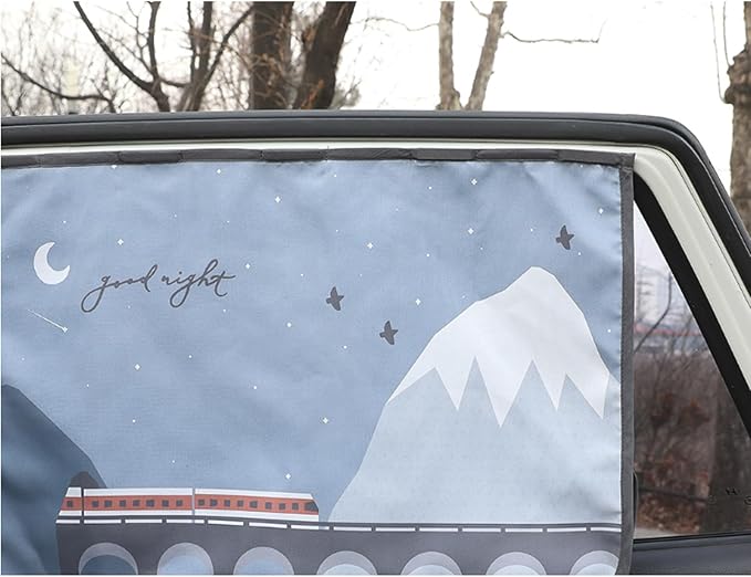 BEBEDECO Magnetic Car Sun Shade Curtain for Side Window – Sun Blocker and UV Protector for Baby, Kids, and Pets – Universal Fit with Built-in Magnets for Steel-Framed Door (Bebe Train)
