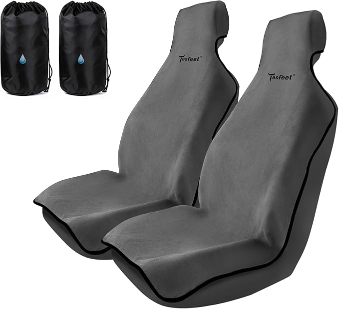 TESFEEL Car Seat Cover Towel, Waterproof Terry Cloth Car Seat Cover Universal Fit for Cars, SUVs, Pickups, Washable Car Seat Protector Brand Customized(Gray,2pcs)