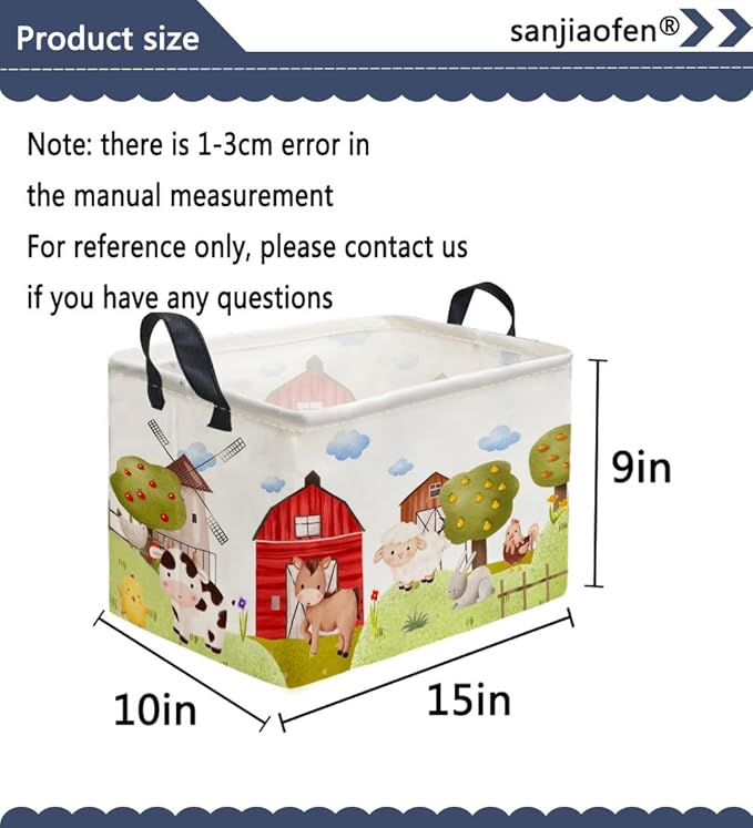 Sanjiaofen Rectangular Kids Baskets,Farm Baskets for Kids .Waterproof PE Coating Cute Basket with Handles.Boys Bins,Gifts Box,Books Basket. (Farm)