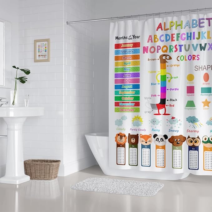 ABC Educational Shower Curtain Kids Learning Tool Funny Cartoon Animals Colors Shapes Weathers Multiplication Table Girls Boys Colorful Decor Waterproof Fabric 72Lx72W Inch with Hooks
