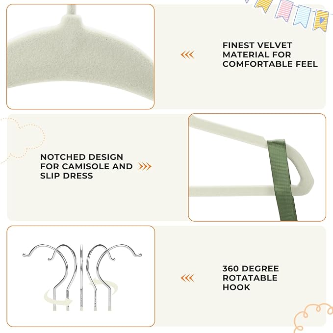 Velvet Baby Hangers with 10x Clips and 8X Dividers (30 Pack) | 11” Ultra-Slim Baby Clothes Hangers | Non-Slip Felt | Space-Saving Nursery & Infant Closet Organizer | Beige